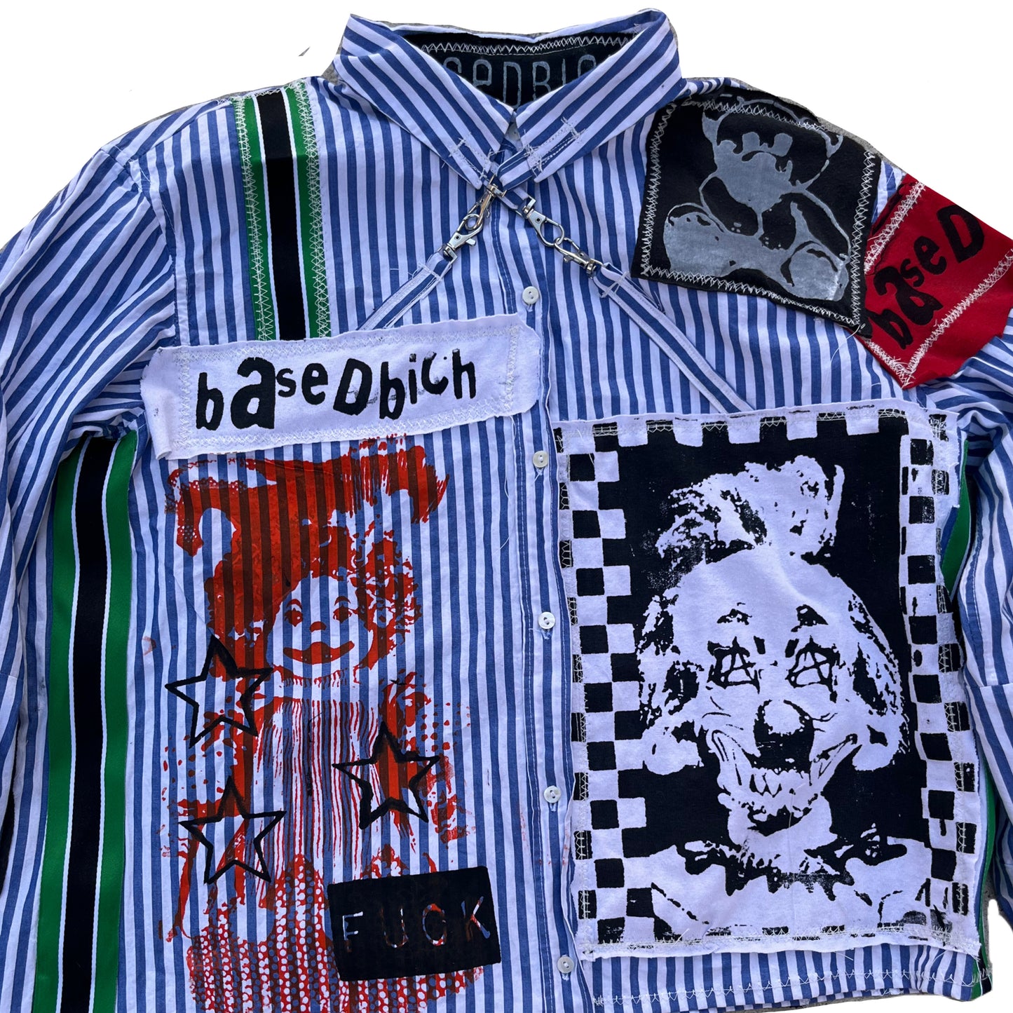 Basedbich mens custom pin stripe shirt with patches size small - basedbich